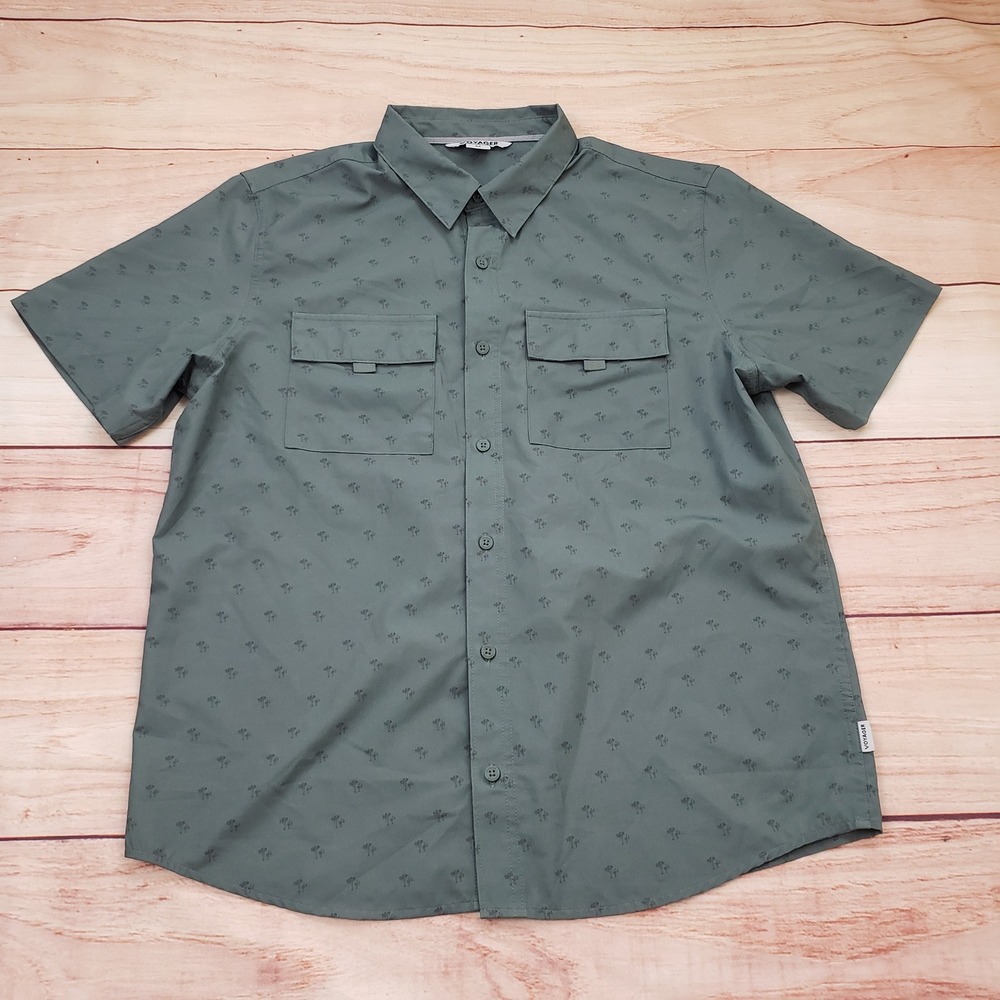 Voyager Shirt Mens Medium Sage Green Palm Tree Print Stretch Utility Button Down